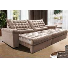 Sofá Retrátil e Reclinável 2,55m Molas Ensacadas Cama inBox Big Space com Bordado 3D Velusoft Bege