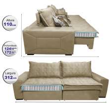 Sofá Retrátil e Reclinável 3,12m com Molas Ensacadas Cama Inbox Supreme Tecido Suede Velusoft Bege