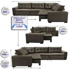 Sofa de Canto Retrátil e Reclinável com Molas Cama inBox Oklahoma 3,65X2,51 ou 2,51X3,65 Café