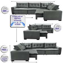 Sofa de Canto Retrátil e Reclinável com Molas Cama inBox Oklahoma 3,85X2,61 ou 2,61X3,85 Cinza