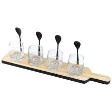 Jogo para Sobremesas / Shot com 04 Copos Colheres e Base em Madeira 