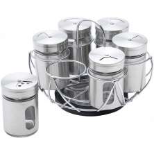 Porta Temperos Giratório com 6 Potes e Suporte - Inox 