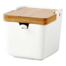 Saleiro De Mesa Em Porcelana Com Tampa de Bambu e Colher 