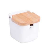Saleiro Pequeno para Mesa em Ceramica com Tampa de Bambu e Colher 