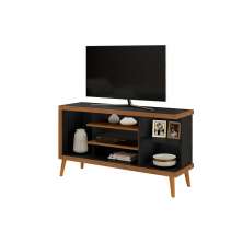 Rack Sala Egeo para TV até 55 Polegadas c/ Pés de Madeira Preto/Canela