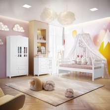 Quarto Infantil Ariel Completo Cama da Babá Júlia Guarda Roupa 3 Portas Cômoda Infantil 4 Gavetas com Porta Branco Carolina Baby