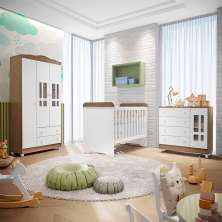 Quarto de Bebê Ariel Berço 3 em 1 Gabrielle Guarda Roupa 3 Portas Cômoda Infantil Branco Amadeirado Carolina Baby