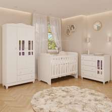 Quarto de Bebê Ariel Berço 3 em 1 Gabrielle Guarda Roupa 3 Portas Cômoda Infantil Branco Carolina Baby