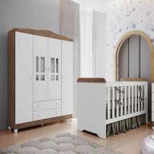 Quarto de Bebê Ariel Berço 3 em 1 Gabrielle Guarda Roupa 4 Portas Infantil Branco Amadeirado Carolina Baby