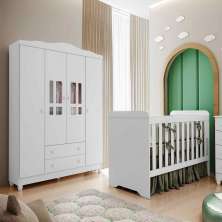 Quarto de Bebê Ariel Berço 3 em 1 Gabrielle Guarda Roupa 4 Portas Infantil Branco Carolina Baby