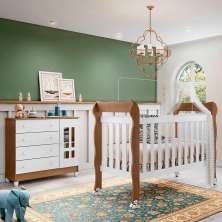 Quarto de Bebê Ariel Berço 3 em 1 Lila Cômoda com Porta Branco Amadeirado Carolina Baby