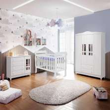 Quarto de Bebê Ariel Berço 3 em 1 Lila Guarda Roupa 4 Portas Cômoda Infantil 4 Gavetas com Porta Branco Carolina Baby