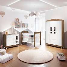 Quarto de Bebê Ariel Berço 3 em 1 Lila Guarda Roupa 4 Portas Cômoda Infantil Branco Amadeirado Carolina Baby