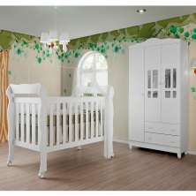 Quarto de Bebê Ariel Berço 3 em 1 Lila Guarda Roupa Infantil 3 Portas Branco Carolina Baby