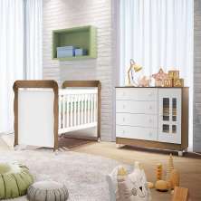 Quarto de Bebê Ariel Berço Mini Cama Mirelle Cômoda Infantil com Porta Branco Amadeirado Carolina Baby