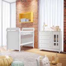 Quarto de Bebê Ariel Berço Mini Cama Mirelle Cômoda Infantil com Porta Branco Carolina Baby