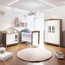 Quarto de Bebê Ariel Berço Mini Cama Mirelle Guarda Roupa Cômoda Infantil Branco Amadeirado Carolina Baby