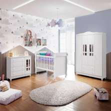 Quarto de Bebê Ariel Berço Mini Cama Mirelle Guarda Roupa Cômoda Infantil Branco Carolina Baby