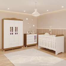 Quarto de Bebê Ariel Completo Berço 3 em 1 Gabrielle Guarda Roupa 4 Portas Cômoda Infantil Branco com Bétula Carolina Baby