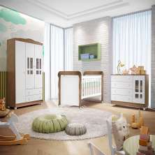 Quarto de Bebê Ariel Completo Berço Mini Cama Mirelle Guarda Roupa 3 Portas Cômoda Infantil Branco Amadeirado Carolina Baby