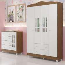 Quarto de Bebê Ariel Guarda Roupa 4 Portas com Gavetas Cômoda Infantil 4 Gavetas com Porta Amadeirado Carolina Baby