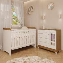 Quarto de Bebê Cômoda com Fraldário Ariel Berço 3 em 1 Gabrielle Branco com Bétula Carolina Baby