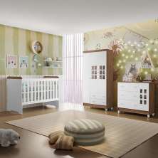 Quarto de Bebê Completo Ariane Berço 3 em 1 Gabrielle Guarda Roupa 3 Portas Cômoda Infantil com Porta 3 Gavetas Amadeirado Carolina Baby