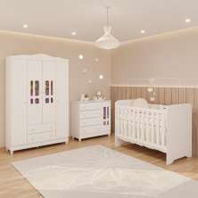 Quarto de Bebê Completo Berço 3 em 1 Gabrielle Guarda Roupa 4 Portas Cômoda Infantil com Porta Branco Carolina Baby