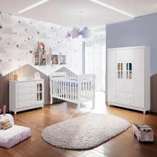 Quarto de Bebê Completo Gabrielle Berço 3 em 1 Lila Guarda Roupa 4 Portas Cômoda Infantil com Porta Branco Carolina Baby
