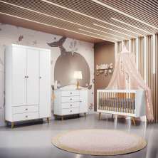 Quarto de Bebê Completo Lígia Retrô Berço 3 em 1 com Grade de Madeira Guarda Roupa 3 Portas Cômoda Infantil 4 Gavetas com Porta Branco Carolina Baby