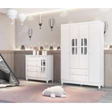 Quarto de Bebê Gabrielle Guarda Roupa 4 Portas com Gavetas Cômoda Infantil 4 Gavetas com Porta Branco Carolina Baby