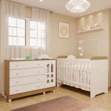 Quarto de Bebê Gran Selena Berço 3 em 1 Gabrielle Cômoda Infantil com Porta Amadeirado Carolina Baby