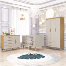 Quarto de Bebê Guarda Roupa 3 Portas com Gavetas Ludmila Cômoda 4 Gavetas com Fraldário Ludmila Berço 3 em 1 Ludmila Off White Carolina Baby