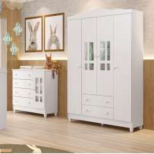 Quarto de Bebê Guarda Roupa 4 Portas com Gavetas Cômoda 4 Gavetas com Porta Ariel Branco Carolina Baby