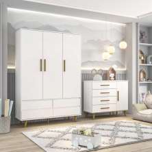 Quarto de Bebê Ludmila Guarda Roupa 3 Porta com Gavetas Lorena Cômoda Infantil 4 Gavetas com Porta Branco Fosco Carolina Baby