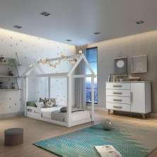 Quarto de Bebê Montessoriano Retrô Ludmila Cama Casinha Analu Cômoda Infantil Branco Carolina Baby