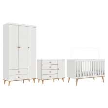 Quarto de Bebê Retrô Lígia Berço 3 em 1 Ludmila Guarda Roupa 3 Portas Cômoda Infantil 4 Gavetas com Porta Branco com Bétula Carolina Baby