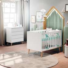 Quarto de Bebê Retrô Lorena Berço 3 em 1 Ludmila Cômoda Infantil Branco Fosco Bétula Carolina Baby