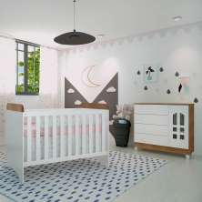 Quarto de Bebê Selena Berço 3 em 1 Gabrielle Cômoda Infantil com Porta Branco Amadeirado Carolina Baby