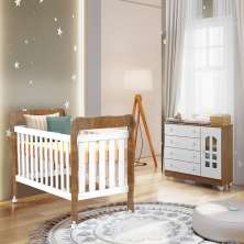Quarto de Bebê Selena Berço 3 em 1 Lila Cômoda Infantil com Porta Branco Amadeirado Carolina Baby