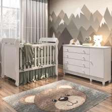 Quarto de Bebê Taís Berço Mini Cama Mirelle Cômoda Infantil 4 Gavetas com Porta Branco Carolina Baby