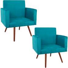 Kit 2 Poltronas Decorativas Nina Pé Palito Suede Azul Turquesa