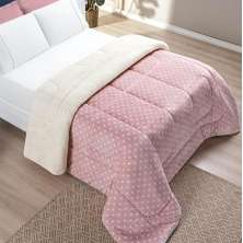 Edredom Solteiro Coberdrom Dupla Face Sherpa/Mantinha Petit Poa 1 Peça - Rosa