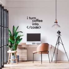 Frase de Parede Dev I turn coffee into Code 100x79 Preto