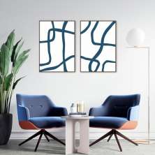 Quadro Boho Linhas Abst Azuis 88x60 2-60x43 Filete Marrom
