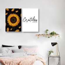 Quadro Girassol Frase Gratidão 142x100 2-100x70 Filete Branco