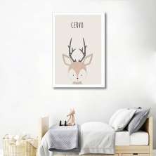 Quadro Infantil Didático Cervo 60x43 Filete Branco