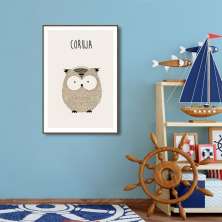 Quadro Infantil Didático Coruja 43x30 Filete Marrom