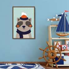 Quadro Infantil Guaxinim na Neve 100x70 Caixa Marrom