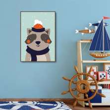 Quadro Infantil Guaxinim na Neve 100x70 Filete Marrom